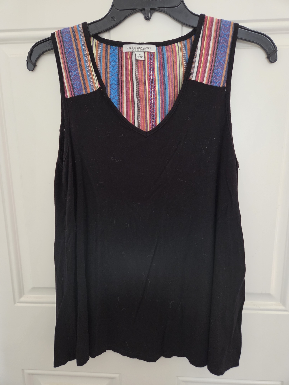Green Envelope Black Tank with Multicolor Striped Trim